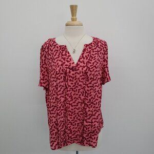 Liz Claiborne Womens Pleated Blouse Top Size L Pink Red Short Sleeve V-Neck